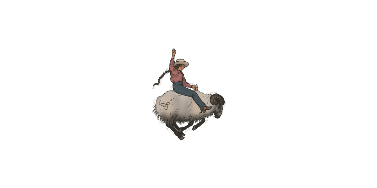 Cowgirl riding a ram on a white background